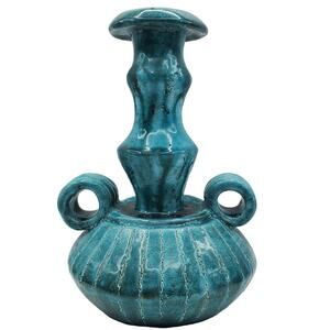 Teal Blue Modernist Vase Art Pottery Signed Ceramic Sculpture 1960s Vessel MCM